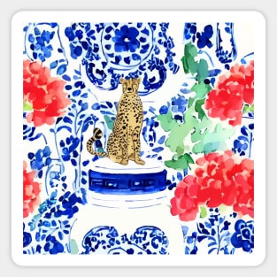 Cheetah and chinoiserie jars in blue and red Sticker